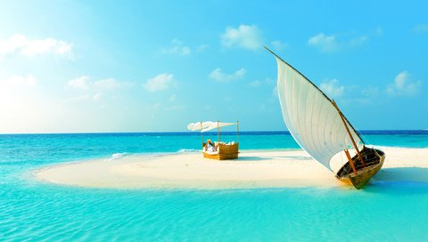 Обои девушка, пляж, лодка, остров, тропики, мальдивы, girl, beach, boat, island, tropics, the maldives разрешение 5499x3665 Загрузить