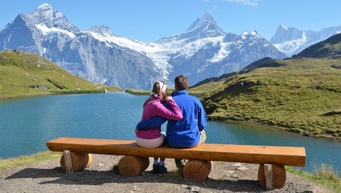 Обои озеро, горы, снег, вершины, пара, lake, mountains, snow, tops, pair разрешение 2880x1800 Загрузить