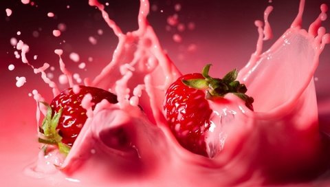 Обои капли, ягода, клубника, брызги, всплеск, сливки, drops, berry, strawberry, squirt, splash, cream разрешение 1920x1080 Загрузить