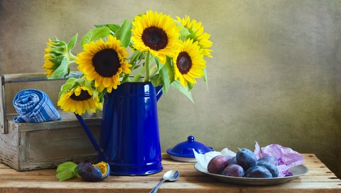 Обои подсолнух, кувшин, полотенце, натюрморт, слива, sunflower, pitcher, towel, still life, drain разрешение 5184x3456 Загрузить