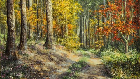 Обои арт, лес, пейзаж, осень, живопись, malgorzata rawicka, art, forest, landscape, autumn, painting разрешение 1920x1200 Загрузить