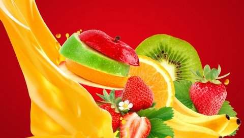 Обои фрукты, клубника, лимон, витамины, ягоды, киви, бананы, сок, fruit, strawberry, lemon, vitamins, berries, kiwi, bananas, juice разрешение 2880x1920 Загрузить