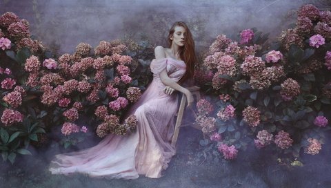 Обои цветы, девушка, платье, туман, сад, весна, гортензия, flowers, girl, dress, fog, garden, spring, hydrangea разрешение 2048x1152 Загрузить