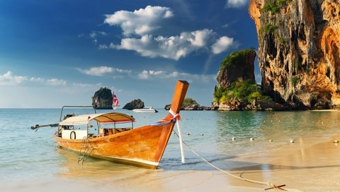 Обои берег, море, пляж, лодка, таиланд, тропики, shore, sea, beach, boat, thailand, tropics разрешение 1920x1080 Загрузить