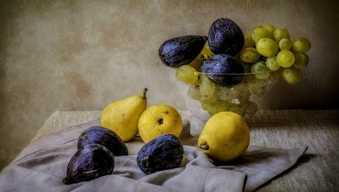 Обои виноград, фрукты, ваза, натюрморт, груши, инжир, grapes, fruit, vase, still life, pear, figs разрешение 2880x1785 Загрузить