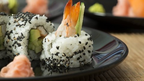 Обои суши, роллы, морепродукты, креветки, креветка, японская кухня, sushi, rolls, seafood, shrimp, japanese cuisine разрешение 2880x1922 Загрузить