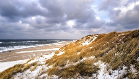 Обои небо, трава, зима, море, пляж, дюны, the sky, grass, winter, sea, beach, dunes разрешение 2048x1365 Загрузить