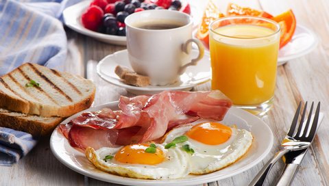 Обои кофе, яичница, вилка, бекон, хлеб, чашка, завтрак, стакан, тарелка, сок, coffee, scrambled eggs, plug, bacon, bread, cup, breakfast, glass, plate, juice разрешение 3600x2384 Загрузить
