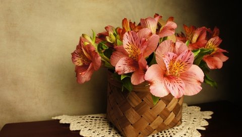 Обои цветы, букет, салфетка, корзинка, альстромерия, flowers, bouquet, napkin, basket, alstroemeria разрешение 2560x1704 Загрузить