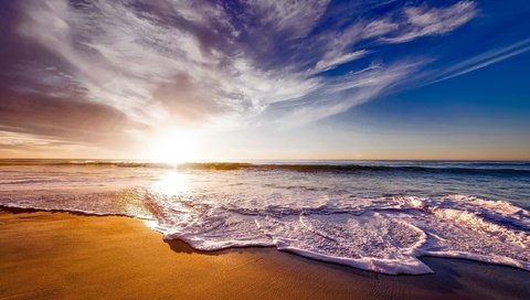 Обои небо, горизонт, облака, пена, природа, калифорния, волны, закат, море, песок, пляж, the sky, horizon, clouds, foam, ca, nature, wave, sunset, sea, sand, beach разрешение 2200x1464 Загрузить