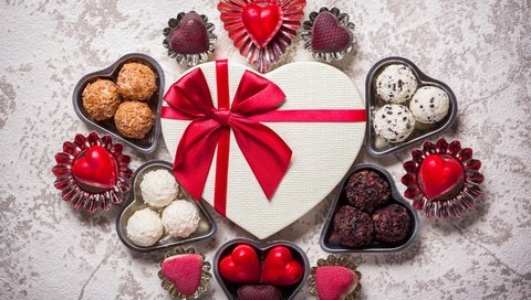 Обои конфеты, подарок, шоколад, сердечки, день святого валентина, бантик, 14 февраля, candy, gift, chocolate, hearts, valentine's day, bow, 14 feb разрешение 2880x1800 Загрузить