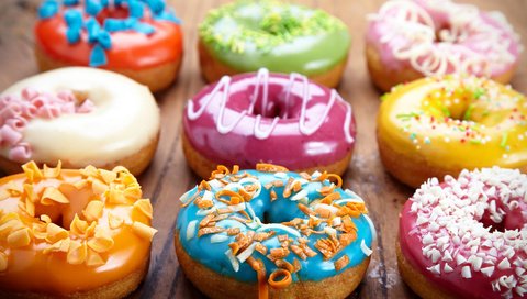 Обои разноцветные, сладкое, пончики, выпечка, десерт, глазурь, посыпка, colorful, sweet, donuts, cakes, dessert, glaze, topping разрешение 1920x1080 Загрузить