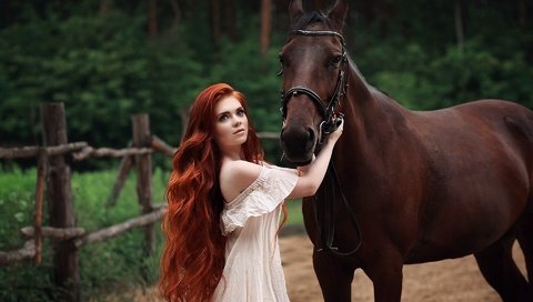 Обои лошадь, dmitry arhar, девушка, платье, взгляд, лицо, длинные волосы, рыжеволосая, голые плечи, horse, girl, dress, look, face, long hair, redhead, bare shoulders разрешение 1920x1280 Загрузить