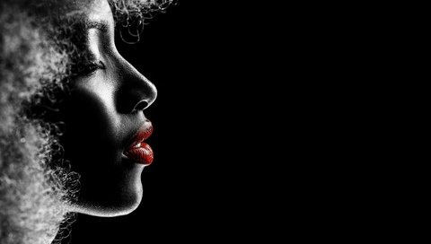 Обои девушка, профиль, черный фон, губы, силуэт, помада, girl, profile, black background, lips, silhouette, lipstick разрешение 2500x1385 Загрузить