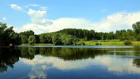 Обои небо, пейзаж, облака, деревья, вода, озеро, река, природа, отражение, the sky, landscape, clouds, trees, water, lake, river, nature, reflection разрешение 1950x1297 Загрузить