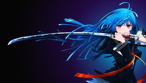 Обои девушка, меч, аниме, самурай, кисара тэндо, черная пуля, girl, sword, anime, samurai, kisara, lady, blue, black bullet разрешение 3840x2160 Загрузить