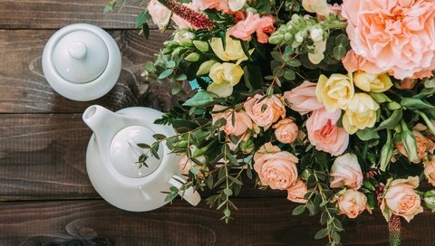 Обои букет, чаепитие, чайник, bouquet, the tea party, kettle разрешение 4500x2999 Загрузить