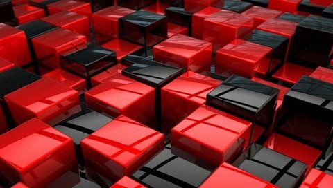 Обои цвет, красные, рендеринг, кубики, кубы, куб, геометрия, чёрные, color, red, rendering, cubes, cuba, cube, geometry, black разрешение 1920x1080 Загрузить