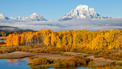 Обои небо, осень, деревья, река, горы, природа, лес, пейзаж, туман, the sky, autumn, trees, river, mountains, nature, forest, landscape, fog разрешение 3840x2400 Загрузить