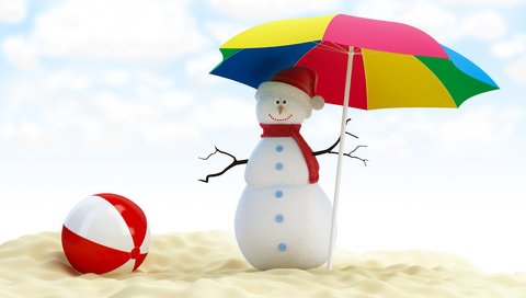 Обои новый год, пляж, снеговик, зонтик, рождество, мяч, new year, beach, snowman, umbrella, christmas, the ball разрешение 5142x3402 Загрузить