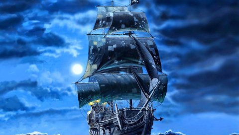 Обои арт, корабль, пираты, чёрные, паруса, галеон, черная жемчужина, art, ship, pirates, black, sails, galleon, black pearl разрешение 2112x1188 Загрузить