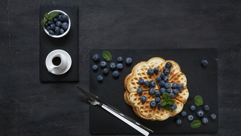 Обои стол, ягоды, черника, завтрак, вафли, сахарная пудра., table, berries, blueberries, breakfast, waffles разрешение 5450x3633 Загрузить