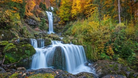 Обои лес, скала, водопад, осень, швейцария, каскад, forest, rock, waterfall, autumn, switzerland, cascade разрешение 1920x1282 Загрузить