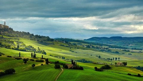 Обои деревня, италия, тоскана, красивые пейзажи, зеленые поля, village, italy, tuscany разрешение 4800x3200 Загрузить