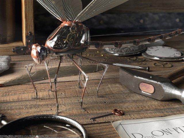 Обои стол, ключ, стрекоза, denis tolkishevsky, молоток, лупа, механизмы, table, key, dragonfly, hammer, magnifier, mechanisms разрешение 1920x1200 Загрузить