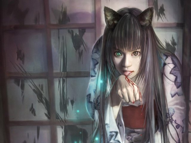 Обои арт, девушка, кровь, взгляд, уши, i-chen lin, неко, art, girl, blood, look, ears, neko разрешение 1920x1200 Загрузить