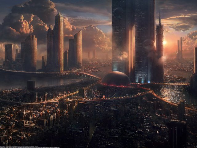 Обои облака, город, небоскребы, будущее, clouds, the city, skyscrapers, future разрешение 2560x1600 Загрузить