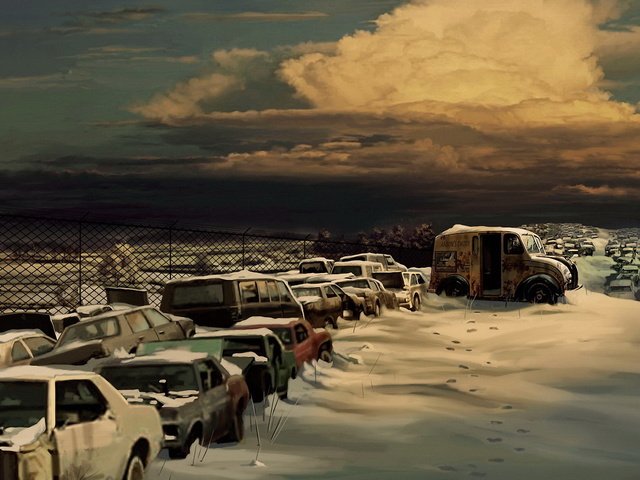 Обои рисунок, облака, снег, машины, свалка, автомобили, figure, clouds, snow, machine, dump, cars разрешение 1920x1178 Загрузить