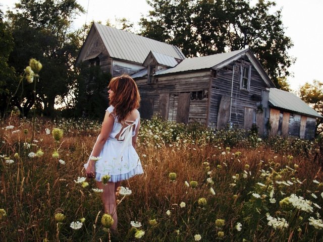 Обои цветы, девушка, поле, дом, голубое платье, flowers, girl, field, house, blue dress разрешение 1920x1200 Загрузить