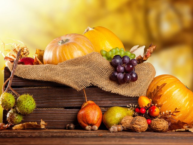 Обои орехи, ящик, виноград, мешковина, фрукты, каштаны, осень, урожай, овощи, тыквы, груши, nuts, box, grapes, burlap, fruit, chestnuts, autumn, harvest, vegetables, pumpkin, pear разрешение 2560x1600 Загрузить