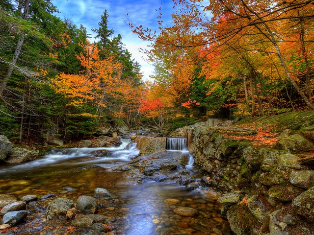 Обои небо, поток, деревья, река, камни, лес, ручей, водопад, осень, the sky, trees, river, stones, forest, stream, waterfall, autumn разрешение 2980x1980 Загрузить