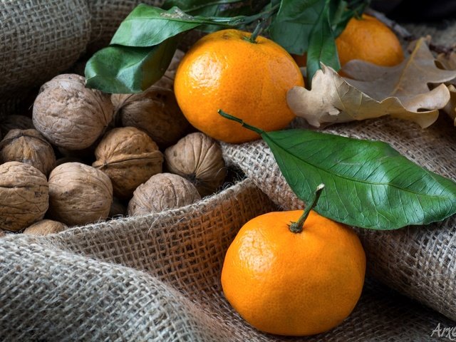 Обои мандарины, мешковина, грецкие орехи, tangerines, burlap, walnuts разрешение 2048x1365 Загрузить