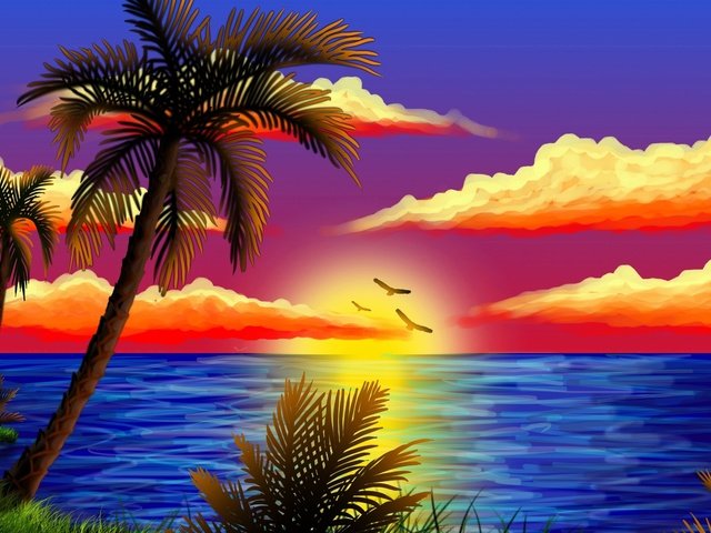 Обои закат, море, пальмы, sunset, sea, palm trees разрешение 2560x1600 Загрузить