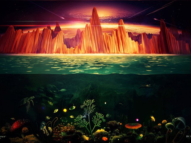 Обои небо, скалы, море, метеориты, подводный мир, the sky, rocks, sea, meteorites, underwater world разрешение 2560x1440 Загрузить