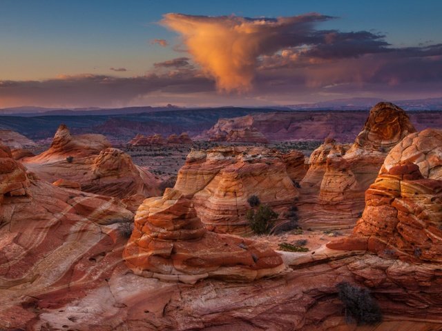 Обои облака, скалы, каньон, сша, аризона, сумерки, clouds, rocks, canyon, usa, az, twilight разрешение 5213x2889 Загрузить