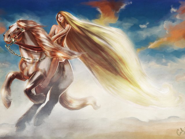 Обои небо, длинные волосы, арт, lady godiva, облака, девушка, животное, конь, грива, скачет, the sky, long hair, art, clouds, girl, animal, horse, mane, jump разрешение 4800x2700 Загрузить