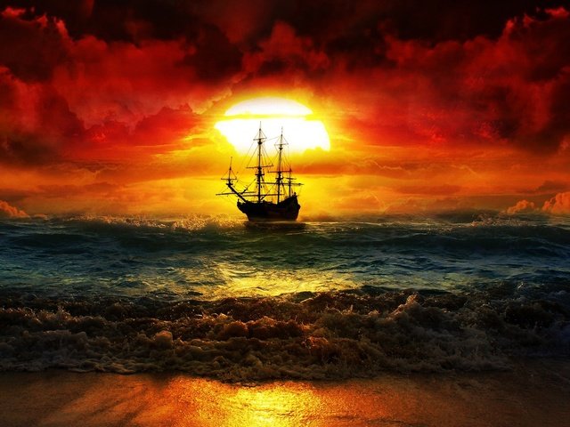 Обои небо, облака, волны, закат, море, корабль, парусник, зарево, the sky, clouds, wave, sunset, sea, ship, sailboat, glow разрешение 1920x1080 Загрузить
