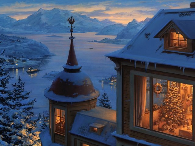 Обои свет, снег, елка, зима, дом, окна, рождество, евгений лушпин, light, snow, tree, winter, house, windows, christmas разрешение 2880x1620 Загрузить