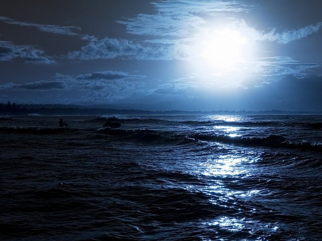 Обои блики, ночь, доски, волны, серфинг, отражение, лучи, море, люди, луна, свечение, glare, night, board, wave, surfing, reflection, rays, sea, people, the moon, glow разрешение 2560x1600 Загрузить