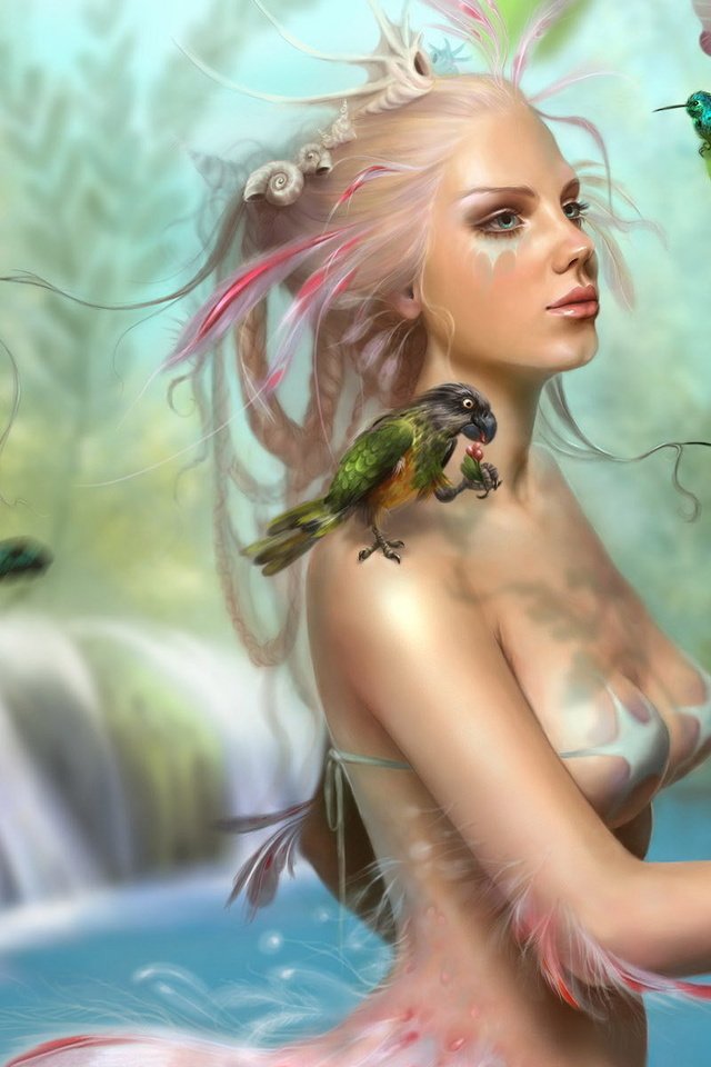 Обои девушка, водопад, бабочки, попугай, sophia kolokouri - the lady bird, girl, waterfall, butterfly, parrot разрешение 1920x1200 Загрузить