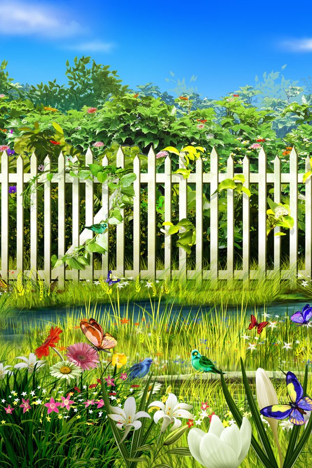 Обои цветы, трава, вода, забор, бабочки, flowers, grass, water, the fence, butterfly разрешение 1920x1200 Загрузить