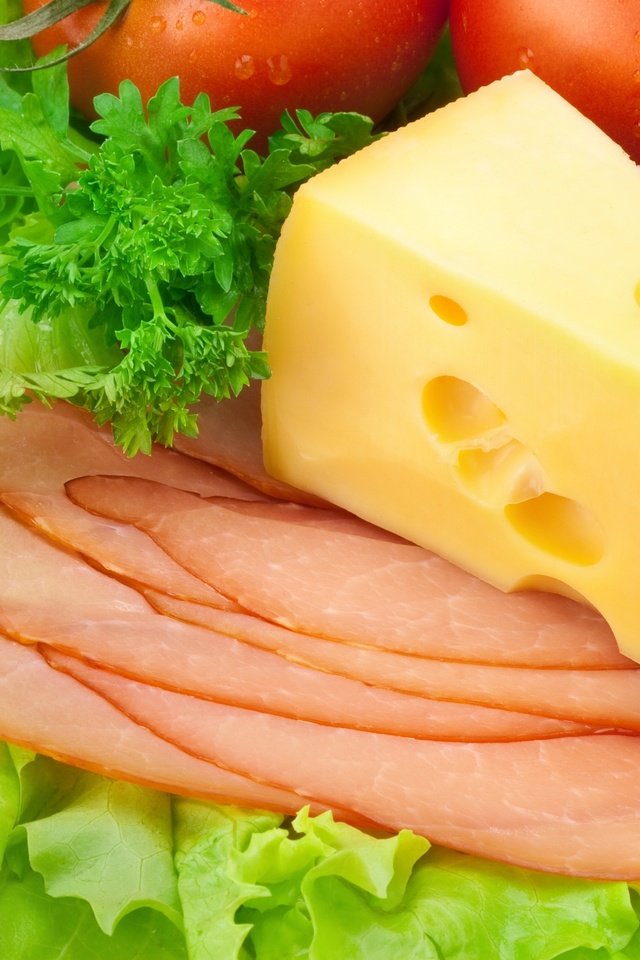 Обои сыр, помидоры, балык, петрушка, листья салата, cheese, tomatoes, salmon, parsley, lettuce разрешение 3150x2100 Загрузить