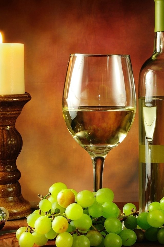 Обои виноград, бокал, вино, свеча, бутылка, белое вино, штопор, grapes, glass, wine, candle, bottle, white wine, corkscrew разрешение 2560x1600 Загрузить