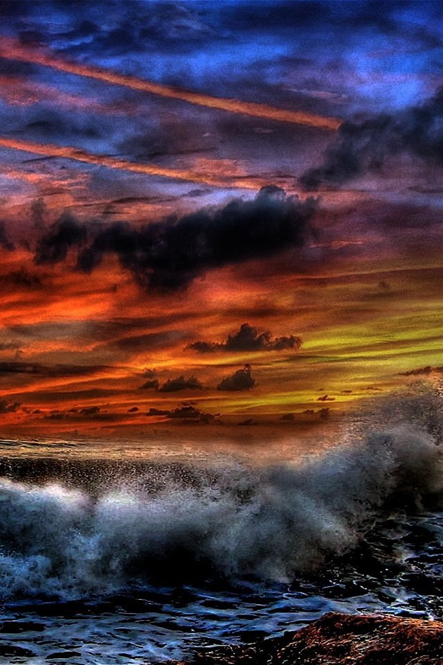 Обои волны, закат, тучи, море, гроза, шторм, wave, sunset, clouds, sea, the storm, storm разрешение 1920x1080 Загрузить