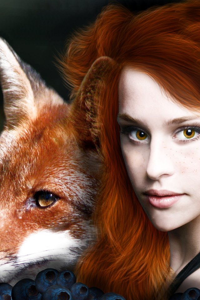 Обои глаза, животное, девушка, веснушки, фантастика, рыжие, взгляд, лиса, волосы, лицо, ягоды, eyes, animal, girl, freckles, red, fiction, look, fox, hair, face, berries разрешение 3317x2349 Загрузить