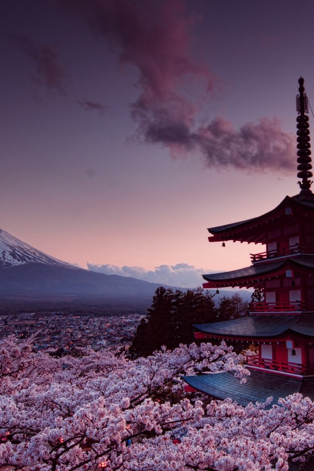 Обои гора, япония, весна, фудзияма, chureito pagoda, фудзиёсида, mountain, japan, spring, fuji, fujiyoshida разрешение 7332x4713 Загрузить